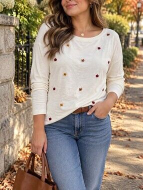 Talbots Petite Cream Embroidered Autumn Leaf Long Sleeve Cotton Tee Top Casual